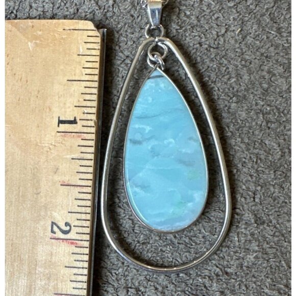 Silver Teardrop Pendant Necklace With Long Chain & Blue Stone Accent - Picture 4 of 4